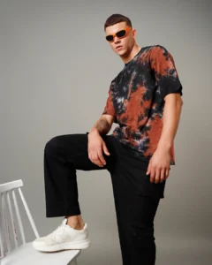 Men's Black & Orange Tie & Dye Oversized T-shirt