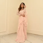 Blush Pink Georgette Draped Saree - Image 4