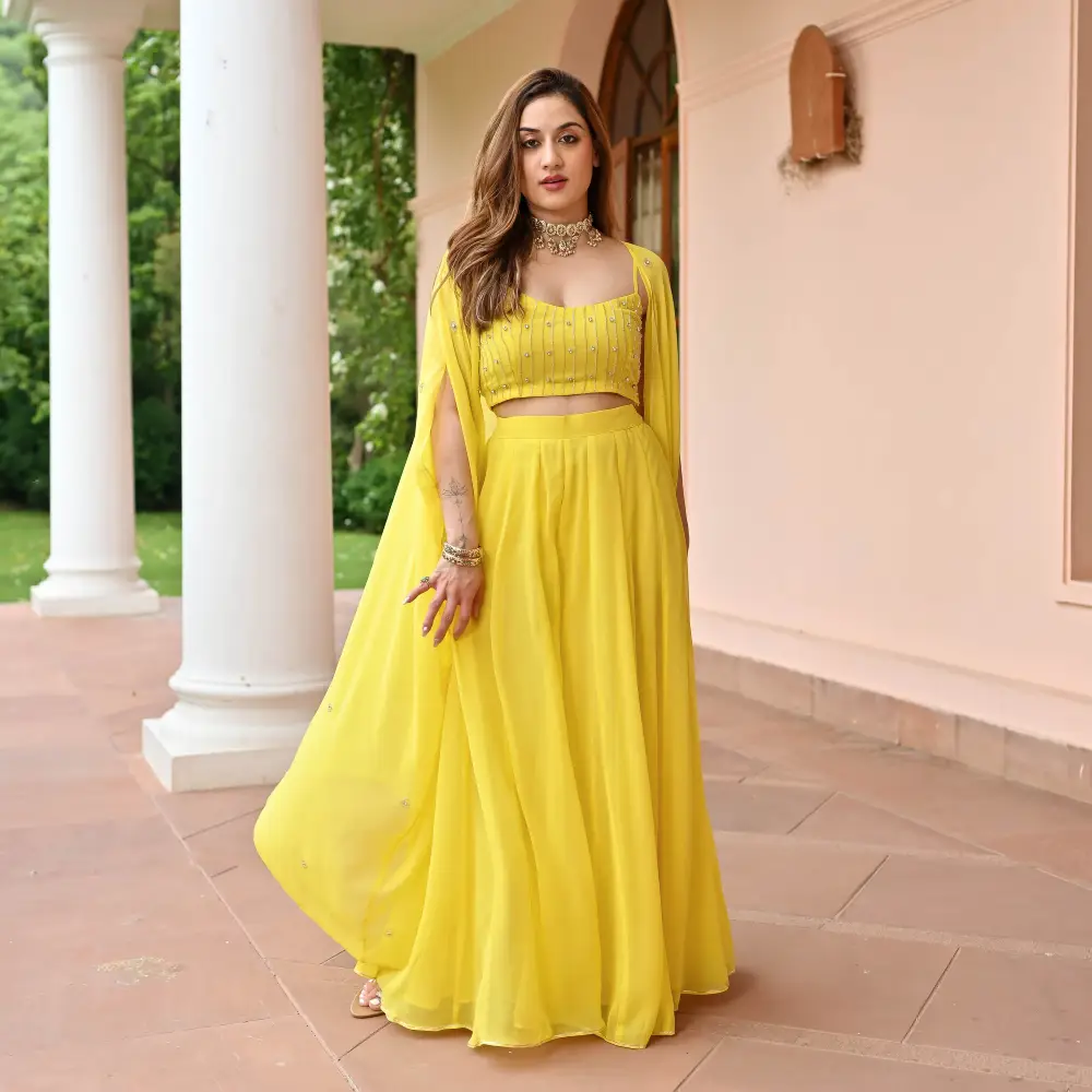 SV-20240713-0947-1.webp Yellow Timeless Georgette Cape Pants Set - Image 1